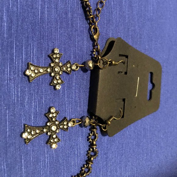 Antique Gold and Clear Rhinestone Cross Necklace and Earring Set - Picture 3 of 4